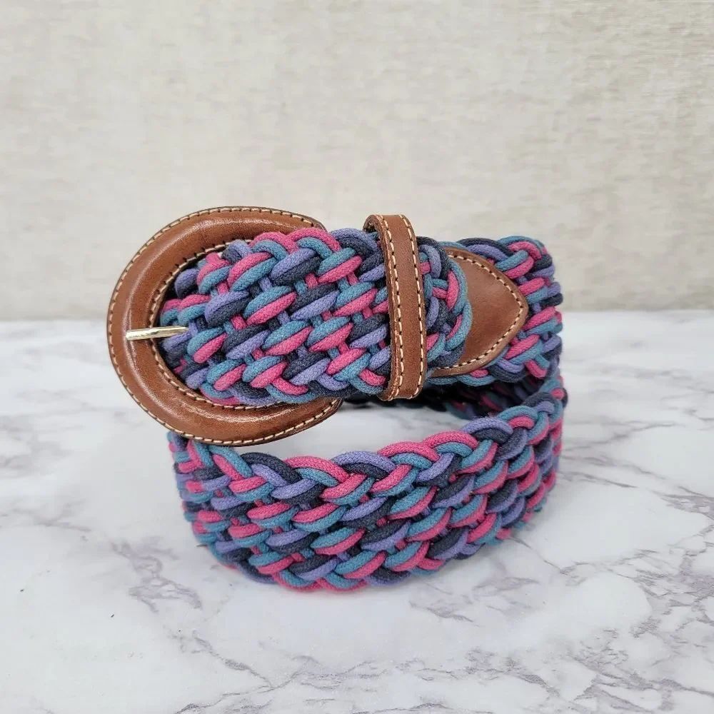 Vintage L.L. Bean Braided Cord Belt Pink Teal Navy Leather Buckle